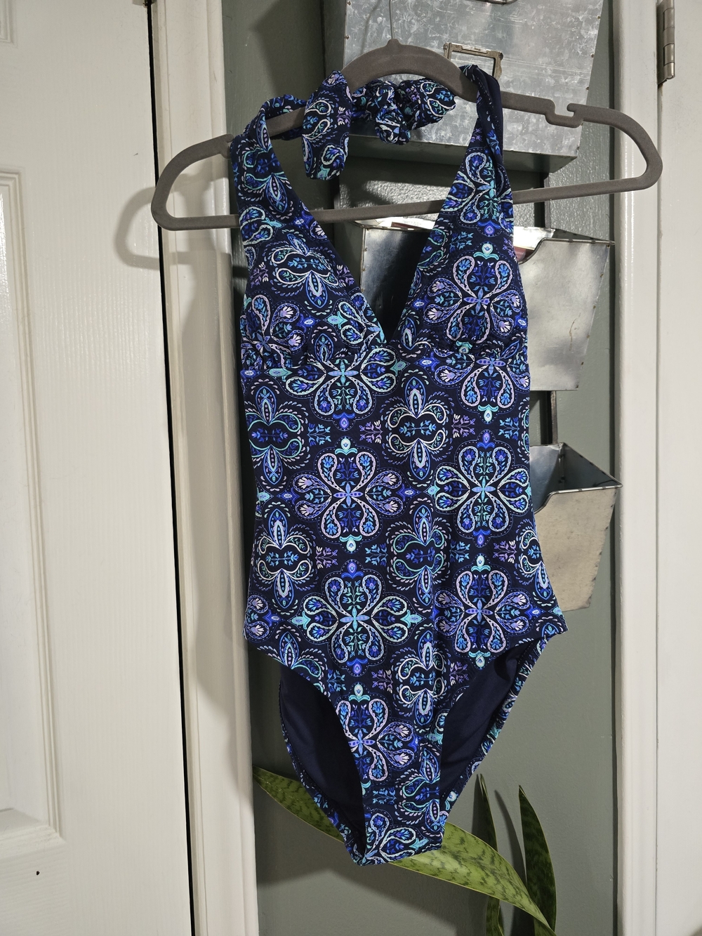 Womens' Blue Patterned Halter One-Piece Swimsuit